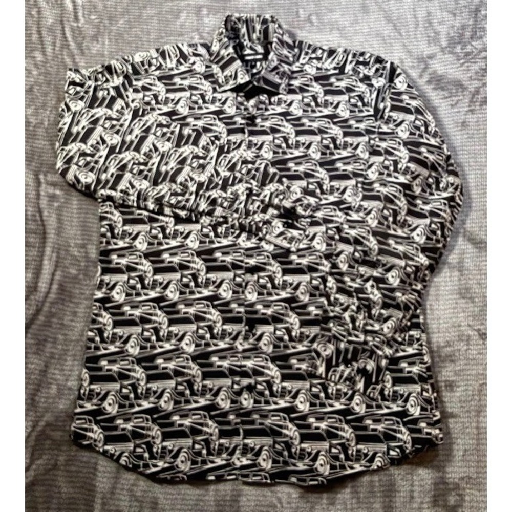 Jared Lang Mens Classic Car Print Button Down Shirt Black White Long Sleeve M